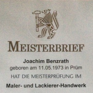 Detailausschnitt des Meisterbriefes von Malermeister Joachim Benzrath